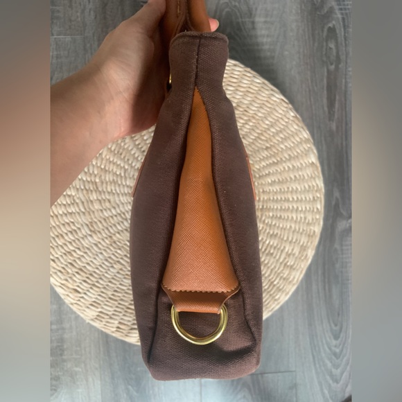 Brown canvas and camel vegan leather small tote bag - Picture 5 of 8